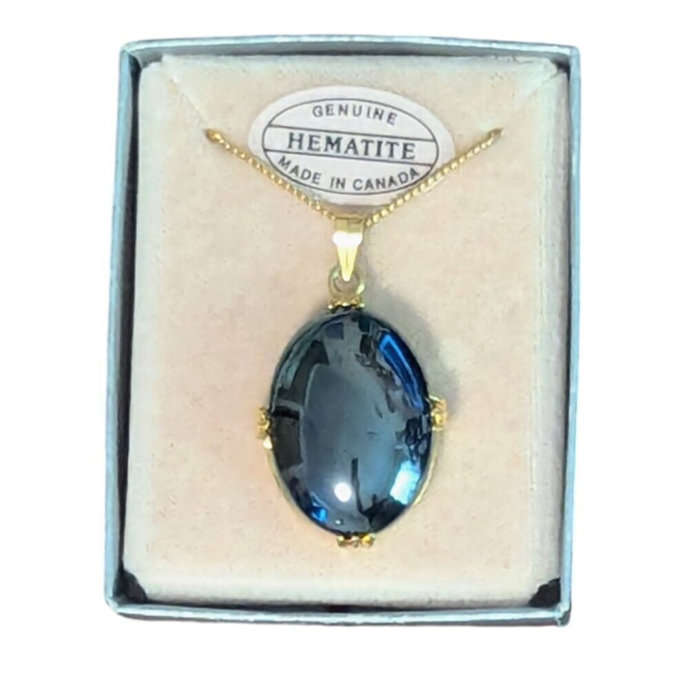 NWT Hematite Gold Tone Pendant Necklace Oval Faceted Gemstone New in Box
